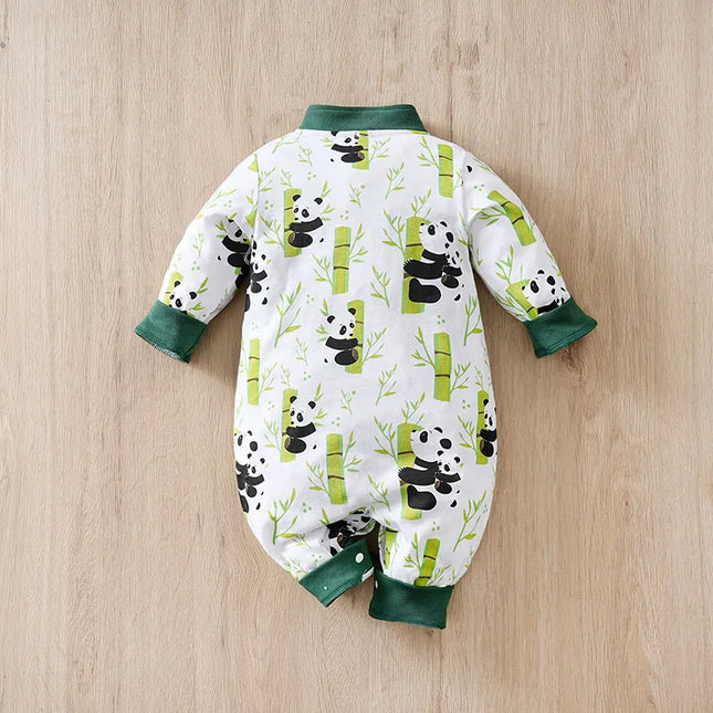 Baby's New Chinese Style Jumpsuit With Pure Cotton Buckle Design And Panda Print Baby Spring And Autumn Clothes