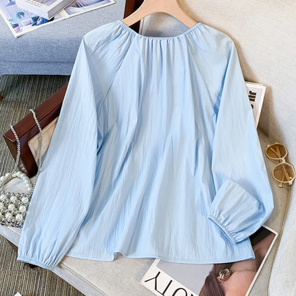Plus Size Long Sleeve Shirt Spring Autumn 2026 Solid Color Round Collar Korean Blouses Large Size Casual Puff Sleeve Tops