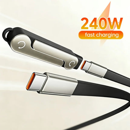 240W 2-in-1 Black/Orange Fast Charging Foldable Bracket Data Cable Type-C to Type-C Data Wire with Phone Tablet Stand