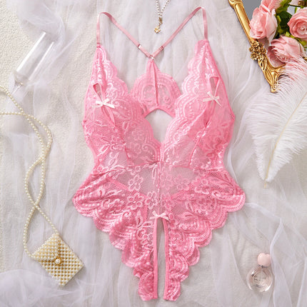 Sexy Lingerie For Women Erotic Bodysuit Crotchless Hollow Lace Bow Underwear Babydoll Transparent Outfit Wedding Honeymoon Dress