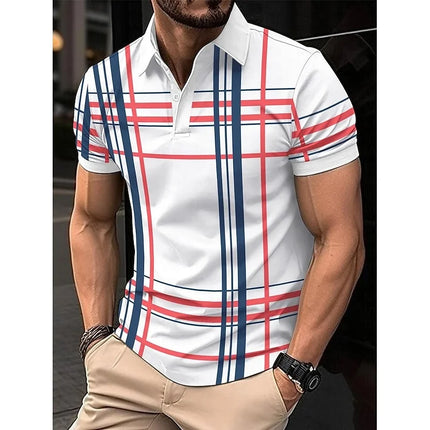 Business Men's Polo Shirt Casual Summer Short Sleeve Top Lines Pattern Printed Buttons Fashionable Golf Shirt