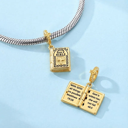 925 Sterling Silver Hope and Salvation Book Golden Holy Bible Cross Religion Pendant Fit Charms Bracelets Women DIY Jewelry Gift