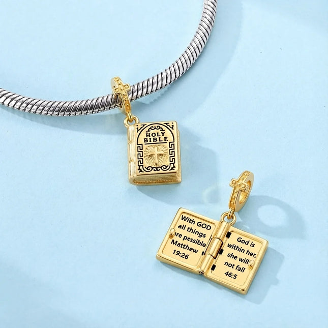 925 Sterling Silver Hope and Salvation Book Golden Holy Bible Cross Religion Pendant Fit Charms Bracelets Women DIY Jewelry Gift