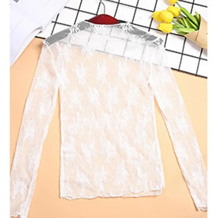 Korea Style Mesh T Shirt Lace Flower under Shirt Long sleeve transparent Tshirt Sexy Black Lace See through Mesh Tee Tops Women