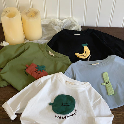 Autumn style children's clothing, Japanese style t-shirt, long sleeved, boys' and girls' three-dimensional patch fabric, fruit b