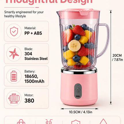 Compact 20cm Mini Portable Blender 800ml Large Capacity USB Charging 304 Steel Blade Smoothie Juicer Cup Easy To Clean