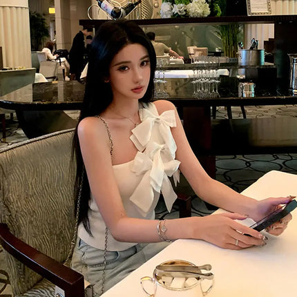 Black Bow Off Shoulder Halter Vest for Women Summer Sweet Sexy Simple Tops Mujer 2026 New Slim Fit Sleeveless Tank Top