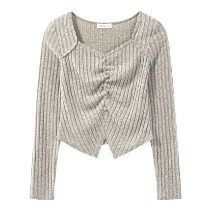 Fashionable Korean Style Solid Color Pleated Slim Fit Long Sleeve Base T-Shirt Women's Autumn New Style V-Neck Top