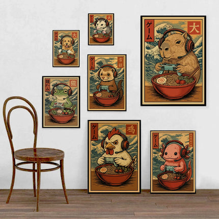 Japan Ukiyo-E Style Fun Game Animal Ramen Posters Art Print Mexican Axolotl Game Cat Ferret Canvas Painting Game Room Home Decor