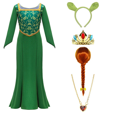 Kids Fiona Green Princess Dress Girls Halloween Carnival Cosplay Long Sleeved Outfits Children Charm Birthday Party Clothing