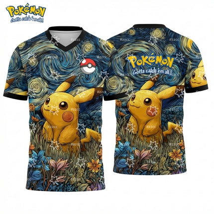 2026 Pokémon Pikachu Van Gogh Graphic T-shirt Japanese anime football jerseys Summer Sports Men's T-Shirt Kid's Clothing Tee
