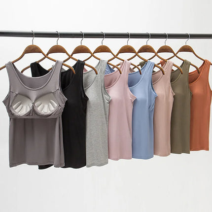 2025 Women's Vest Tops With Built-in Bra Neck Vest Padded Slim Fit Tank Tops Sexy Shirts Feminino Casual Underlay Slimming Shirt