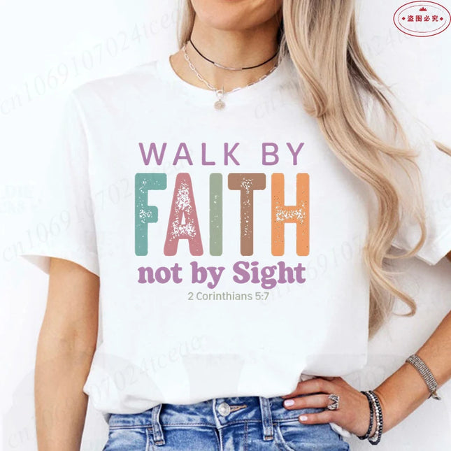 Walk By Faith Not By Sight 2 Corinthians 5:7 T-Shirt Retro Christian Graphic Tee for Women Aesthetic Summer Short Sleeve Clothes