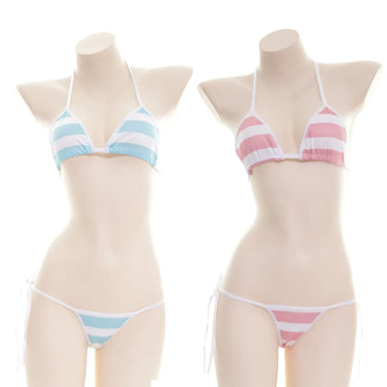 Sexy Lingerie Lolita Kawaii Blue Pink White Striped Mini Bikini Adult Cosplay Porn Women Bra Underwear Set Frenum Swimsuit
