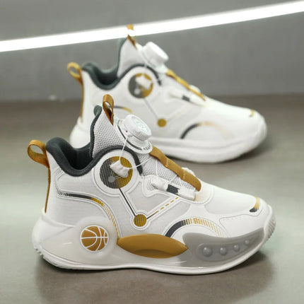 Children Basketball Shoes Boys Sports Comfortable Non Slip Flat Fitness Shoes 2025 New Rotating Button Sports Sneakers for Kids