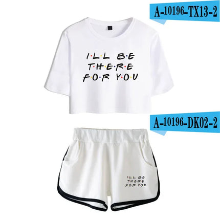 Fashion Youthful Trendy Show I'll Be There for You Short Sleeve Shorts+lovely T-shirts Dew navel Girl suits Two Piece Set