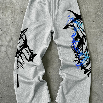 Y2K Abstract Blue Graffiti Geometric Print Mens Baggy Wide Leg Sweat Pants Loose Straight Drawstring Hip Hop Street Joggers