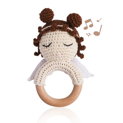 Wooden Baby Rattle Toy Handmade Crochet Sensory Toy for Newborn 0-3 Months,  Rabbit Rattle Toys Baby Gift Travel Accessories