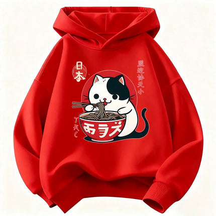 Japanese Style Cat Eat Ramen Hoodie Manga Kids Cat Children's Sweatshirt Cute Hoody for Boys Girls Casual Hoodies Spring