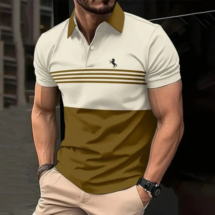 Business men's polo shirt, summer casual short-sleeved T-shirt with top striped pattern button print, loose clothing fashion polo