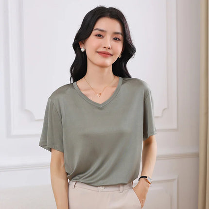 2026 Summer New Women's T-shirt V-neck Knitted Women's Short Sleeve High end Acetate Fiber White Fashion Women's Top