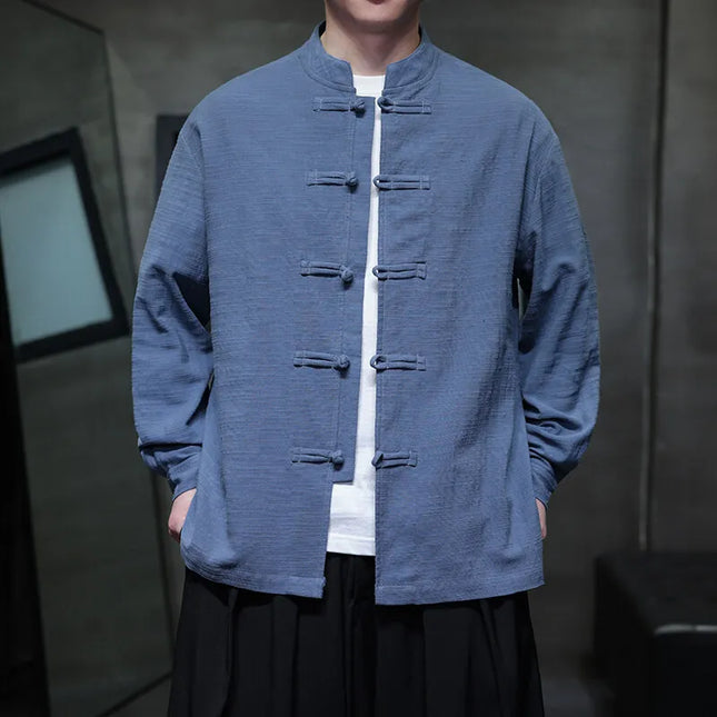 Chinese Style Men Long Sleeve Casual Shirt New 2026 Spring Vintage Mandarin Collar Loose Male Cotton Linen Tops Shirts N055