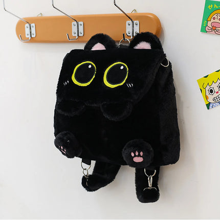 Black Cat Plush Backpack for Girls Cute Kitten Design Large Capacity Lightweight School Bag for Students Travel Daily Use