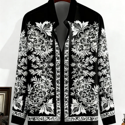 Men's New Long-sleeved Plant Vine French 3D Printed Shirt Hawaiian Beach Vacation Outdoor Party Outer Wear Xmas Shirt Dress Man