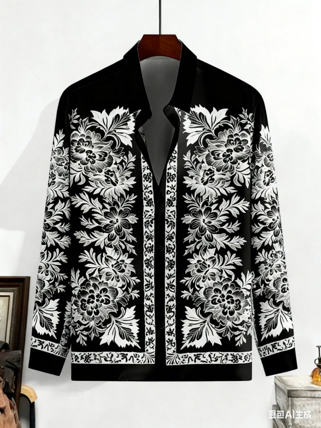 Men's New Long-sleeved Plant Vine French 3D Printed Shirt Hawaiian Beach Vacation Outdoor Party Outer Wear Xmas Shirt Dress Man
