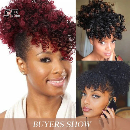 African American Synthetic Afro Puff Drawstring Ponytail Extension with Bangs Heat Resistant Soft Natural Look for Women Daily &