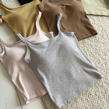 Women's Vest with Built-in Bra Pad Elastic Ribbed Square Collar Csole Tank Top ort Length  Color Versatile Summer F...