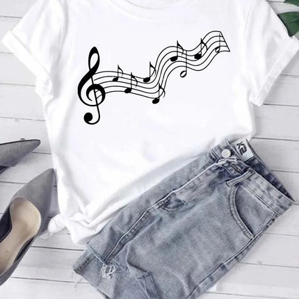 Fashion Women T Shirt Musical Note Printed T Shirt Casual Black Tops 90s Ladies Girls Tee Shirt Female Harajuku Graphic T-shirt