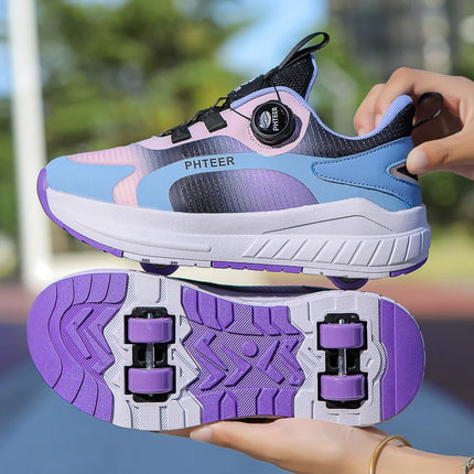 Kids Two Wheels Roller Skating Shoes with Light Magic Stick Walking Shoes, Detachable Wheels Roller Skate Shoes for Teenagers
