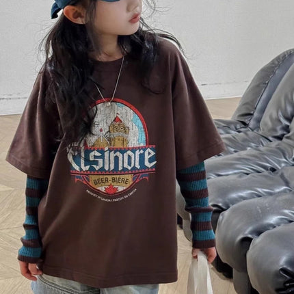 Bora Children's Faionable Girl's 2025 New Autumn Sweatirt Fake Two-Piece Children's T-irt Boys And Girls Casual Loose Fit