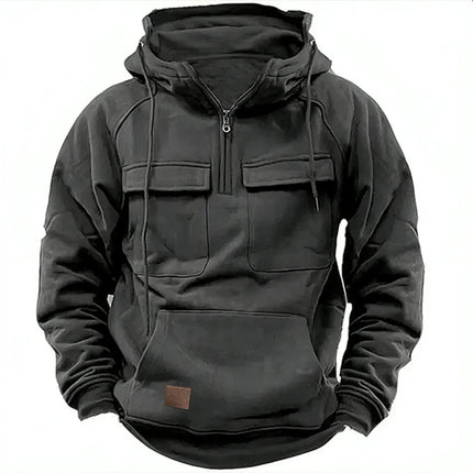 Fashionable Youth Men's Hoodie Solid Color Casual Autumn/Winter Pullover with Multi Pockets Patch Design