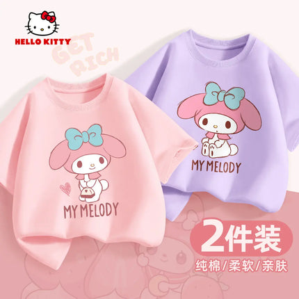 (2 Pieces Per Pack) Sanrio Summer Baby Girls 100% Cotton Clothes Kid Children Girl Hello Kitty Printed T-shirts Short Sleeve Top