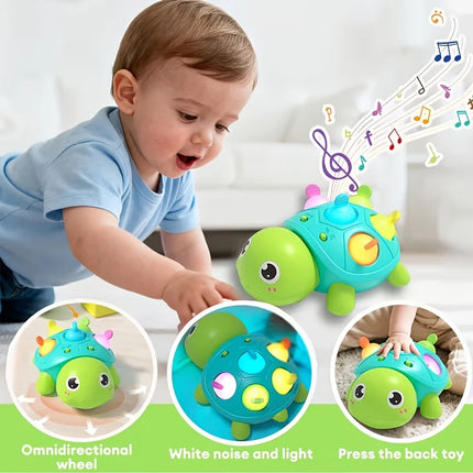 Baby Crawling Turtle Toy, Moving Musical Light-Up Infant Toy with White Noise, Obstacle Avoidance Educational Toy for 0 Months+