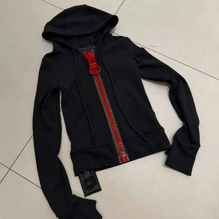 Y2K Giant Zipper Hoodie Women Streetwear Harajuku Zip Up Sweatshirt Slim Fit Long Sleeve Big O Ring Zip Jacket Coat Autumn Tops