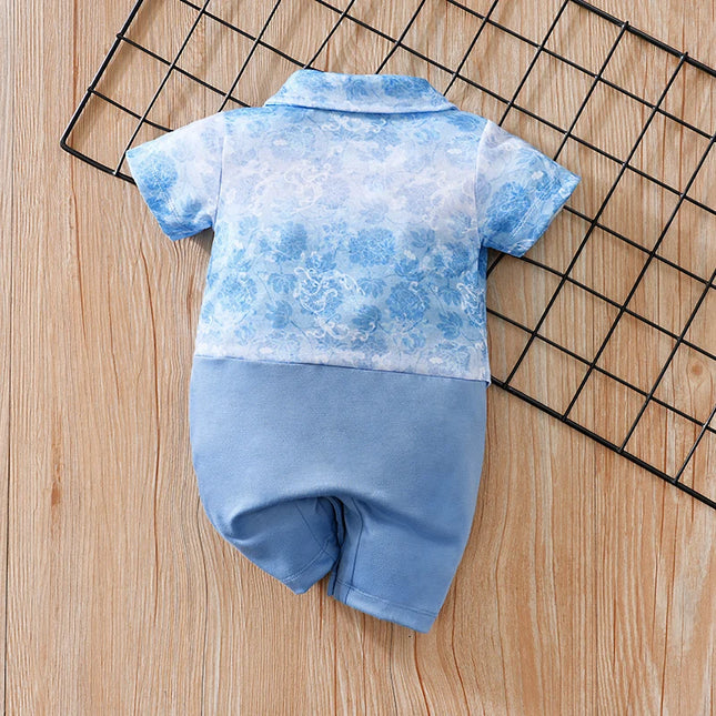 Newborn Clothes Vacation Wave Full Print Shirt Fake Two Comfortable Soft Boys and Girls Summer Short Sleeve Baby Jumpsuit