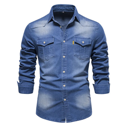 Spring Long Sleeve Men's Denim Shirt High Quality Cotton Elastic Casual Slim Fit Streetwear Clothing Cowboy Shirts Men Black
