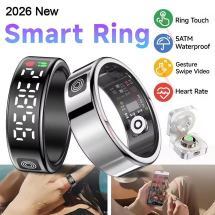 2026 New Smart Ring Display Screen Gestures Brush Video 5ATM Waterproof Remote Camera Blood Pressure Monitoring For Men Women