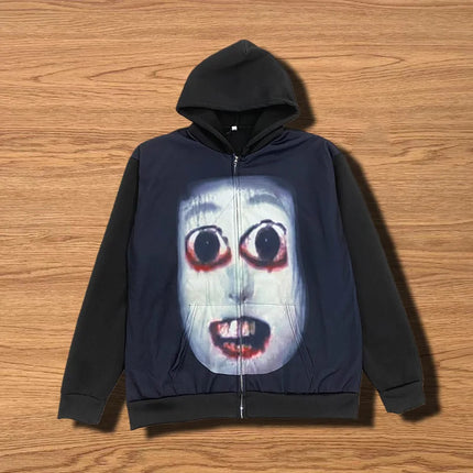Personalized Funny Pattern Printed Hoodie with Zipper Pocket Dark Style Y2K Halloween Fashion Jacket for Casual Wear
