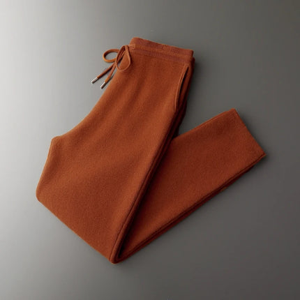 Autumn Winter Thick Men's High Waist Small Foot Pants 100% Merino Wool Knitted Pants Casual Fashion Solid Color Warm Pants