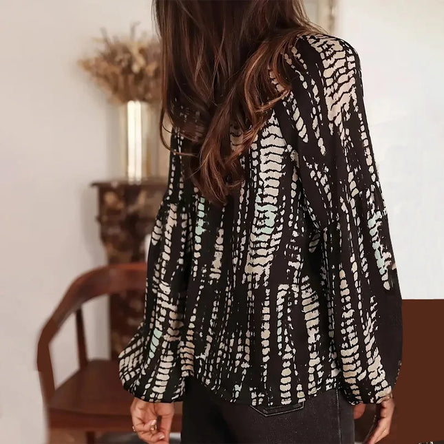 Plus Size Women's Shirt, Stripesd Printed V-Neck Long-Sleeved Top, Casual Resort Style Shirt, Soft Fabric, Loose Cutting