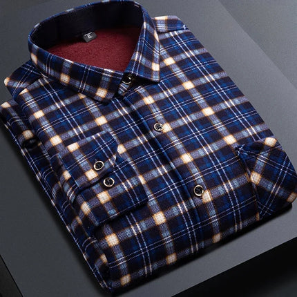 Thickened Fleece Men's Casual Shirt Warm Plaid Set Winter Wear Comfortable Breathable Fashionable Chinese Brand Clothing