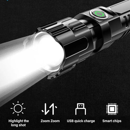 Super Bright LED Flashlight USB Rechargeable Torch with Built-in Battery Telescopic Zoom Lantern for Outdoor Hiking Fishing