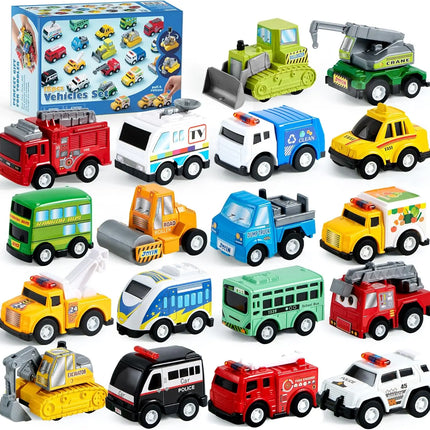 JOYFY 18 Pcs Pull Back City Cars and Trucks Toy Vehicles Set Friction Powered Cars for Kids Best Birthday Christmas Gifts