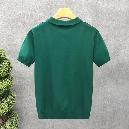 Summer New Men Slim-fit Luxury Knitted Polo Shirt Striped Patchwork T-shirt Casual Zipper Short Sleeve Tops Business Knitwear