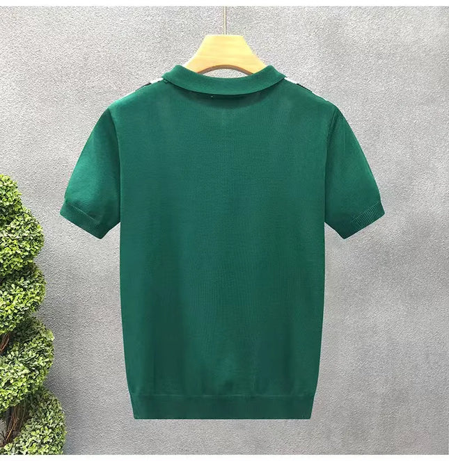 Summer New Men Slim-fit Luxury Knitted Polo Shirt Striped Patchwork T-shirt Casual Zipper Short Sleeve Tops Business Knitwear