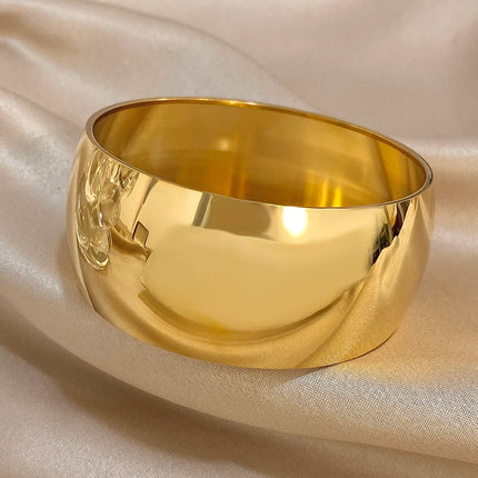 Glossy Gold Plated Stainless Steel Bracelet for Women Men Fashion 10 15 30mm Size Chunky Smooth Cuff Bangles Waterproof Jewelry